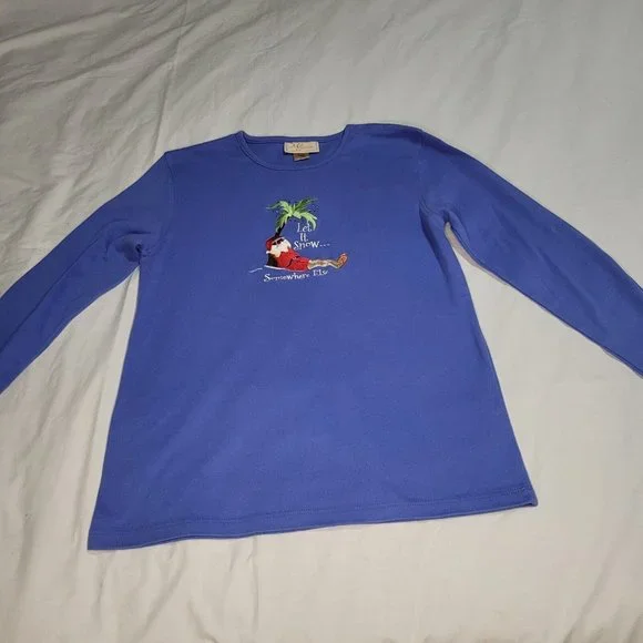 Santa On a Beach Christmas "Let It Snow Somewhere Else" Blue Longsleeve Lg Shirt - Picture 2 of 13